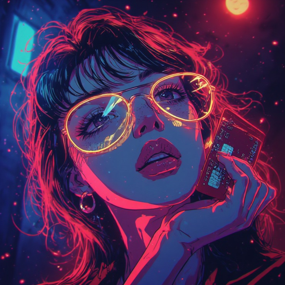 Cyberpunk portrait of Alice, glowing with neon pink and blue tones while holding a card.